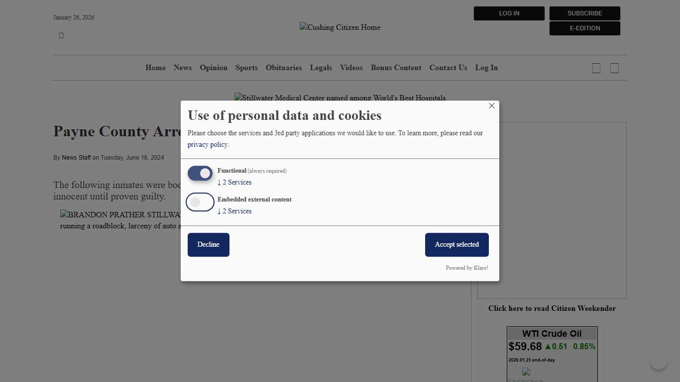 Payne County Arrests Cushing Citizen